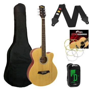 Tiger Natural Acoustic Guitar Pack for Students - Including FREE Tuner