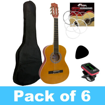 Tiger 3/4 Size Classical Guitar - Pack of 6 With 1 Tuner