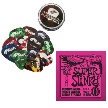 Ernie Ball Super Slinky Electric Guitar Strings & Tiger Picks Bundle