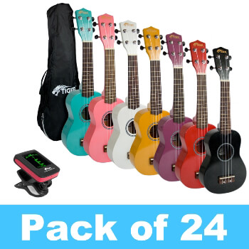 Tiger Pack of 24 Soprano Ukuleles With 4 Tuners