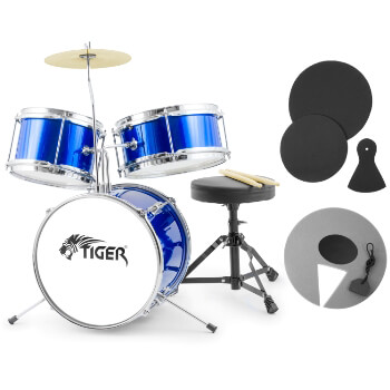 Tiger 3 Piece Blue Junior Drum Kit with Silencer Pads - Ideal Childrens Drum Set