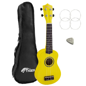 Tiger Beginners Left Handed Soprano Ukulele in Yellow with Bag