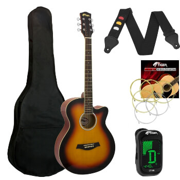 Tiger Sunburst Acoustic Guitar Pack for Students - Including FREE Tuner