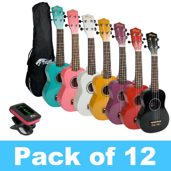 Tiger Pack of 12 Soprano Ukuleles With 2 Tuners