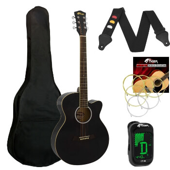 Tiger Black Acoustic Guitar Pack for Students - Including FREE Tuner