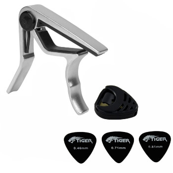Tiger Universal Trigger Guitar Capo in Chrome with Guitar Plectrums