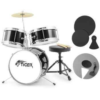 Tiger 3 Piece Black Junior Drum Kit with Silencer Pads - Ideal Childrens Drum Set