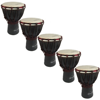 World Rhythm 5 Pack of 30cm Wooden Djembe Drums - 6