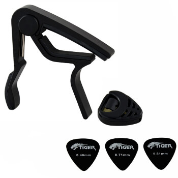 Tiger Universal Trigger Guitar Capo in Black with Guitar Plectrums