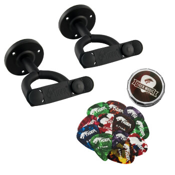 Tiger x2 Guitar Wall Hangers and Plectrum Pack - Wall Mount for Guitars